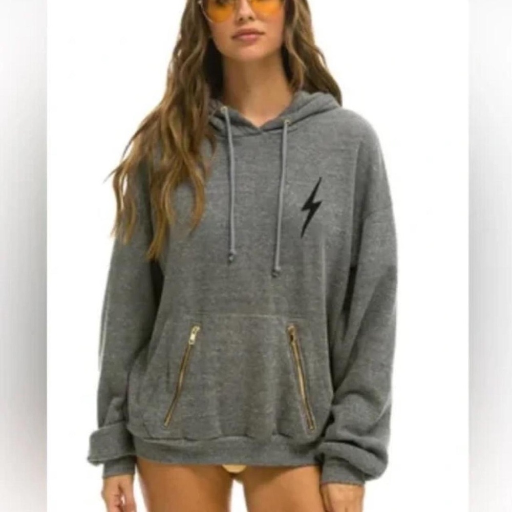 Aviator Nation Oversized Gray Hoodie with Black Lightning Bolt